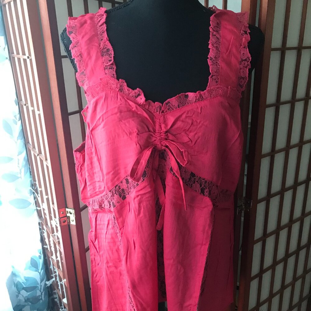 Junior Plus Pink Lace Trim Sleeveless Gathered Front Self-Tie Drawstring 1X NWT